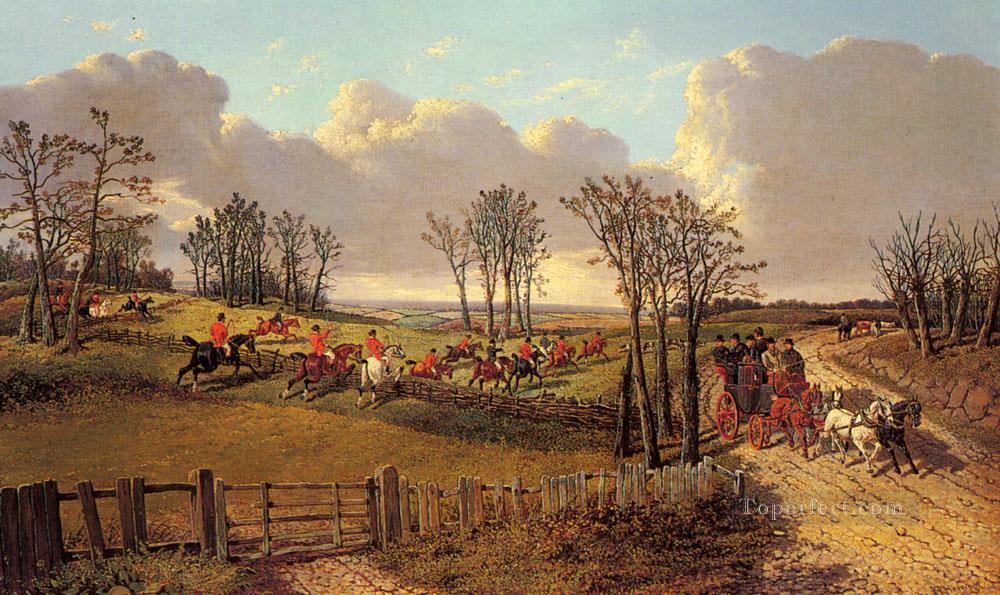 Eine Jagd Szene mit einem Trainer und vier auf dem Open Road John Frederick Herring Jr Pferd Ölgemälde